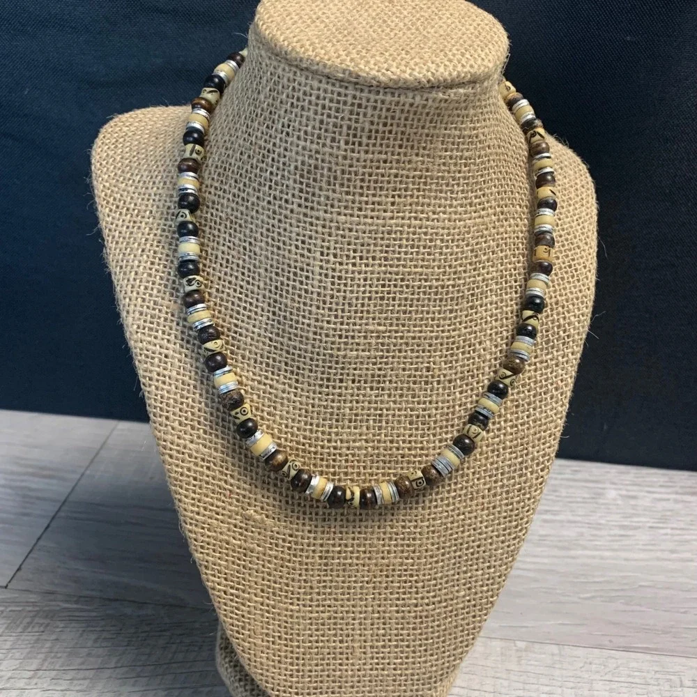 Mens Wood Bone Silver Tone Beaded Choker Necklace 16 Inch Earthy Surf Style